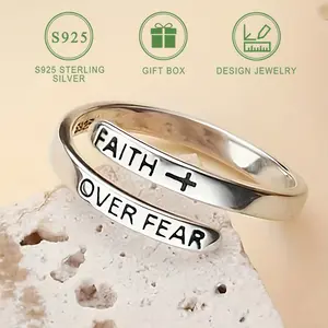 Adjustable 925 Sterling Silvery Cross Ring with Inspirational Faith Design, Vintage Black English Font, Perfect Gift for Easter & All Seasons