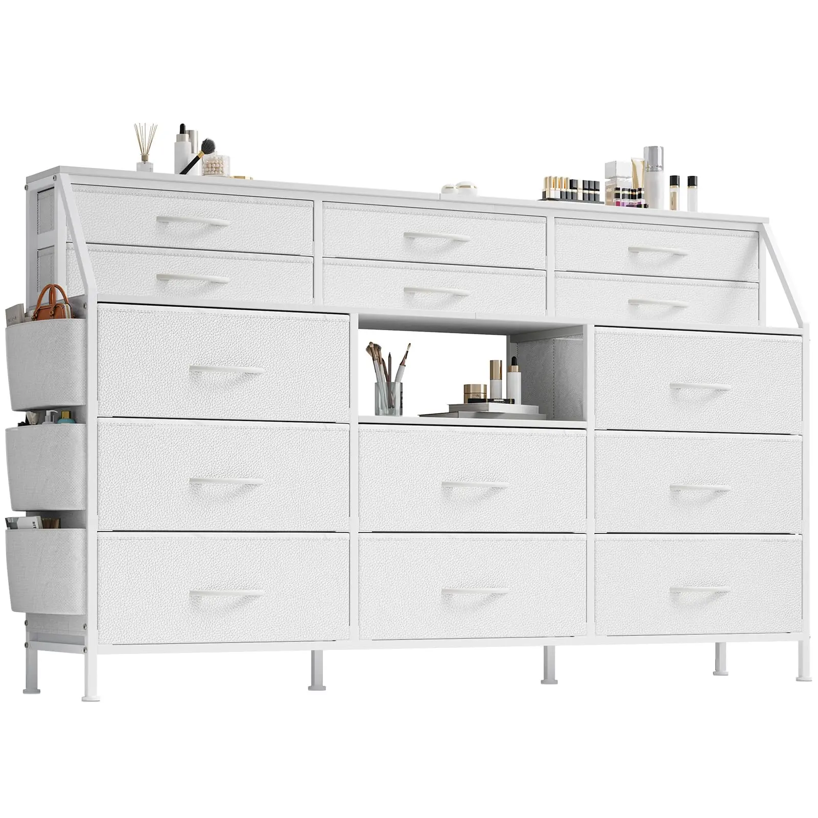 GARVEE Versatile White Dresser with 14 Fabric Drawers and Metal Frame Wood Top TV Stand for up to 55 Inches, Featuring Open Shelves - Ideal for Bedroom, Living Room, and Closet Storage