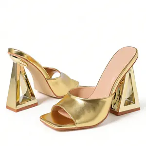 EROCALLI Women Sexy Golden High-Heeled Mules With Unusual Heels Versatile Summer New Slipper Sandals For Women Gold Heeled Sandals for Women Open Toe High Heels, Wedding Dress Shoes, Metallic Party Heels, Elegant Evening Sandals summervibes