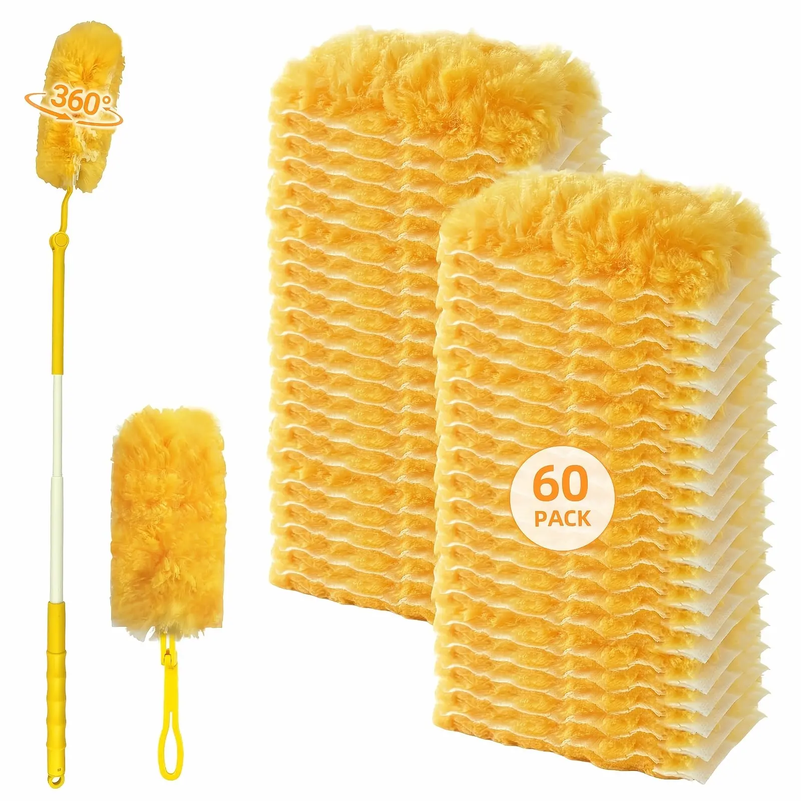 60 Count Heavy Duty Duster Refills for Duster, 360 °   Double-Sided Electrostatic Dusting Pads with Upgraded Thick Fibers, 2 Handles Included, Microfiber Duster for Cleaning Home(Yellow)