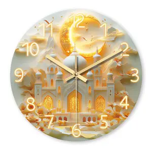 One Islamic-style wall clock with Arabic calligraphy and Islamic mosque design - silent and without ticking sound, modern Muslim home decoration, golden and beige art clock, suitable for living room, bedroom, prayer room - (without AA batteries)