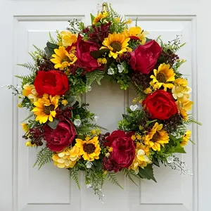 Sunflower Door Wreath, Artificial Peony Sunflower Wreath, Summer Floral Door Decor, Rustic Farmhouse Style Home Decoration