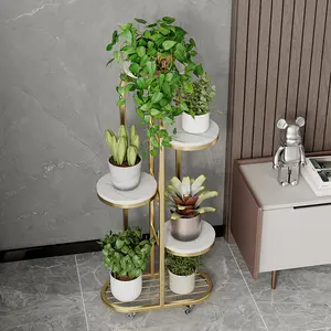 Modern-Style Mobile Plant Stand with Wheels — Gold Metal Indoor Flower Rack, Multi-Tier Display Shelf for Living Room/Office (Space-Saving Design)