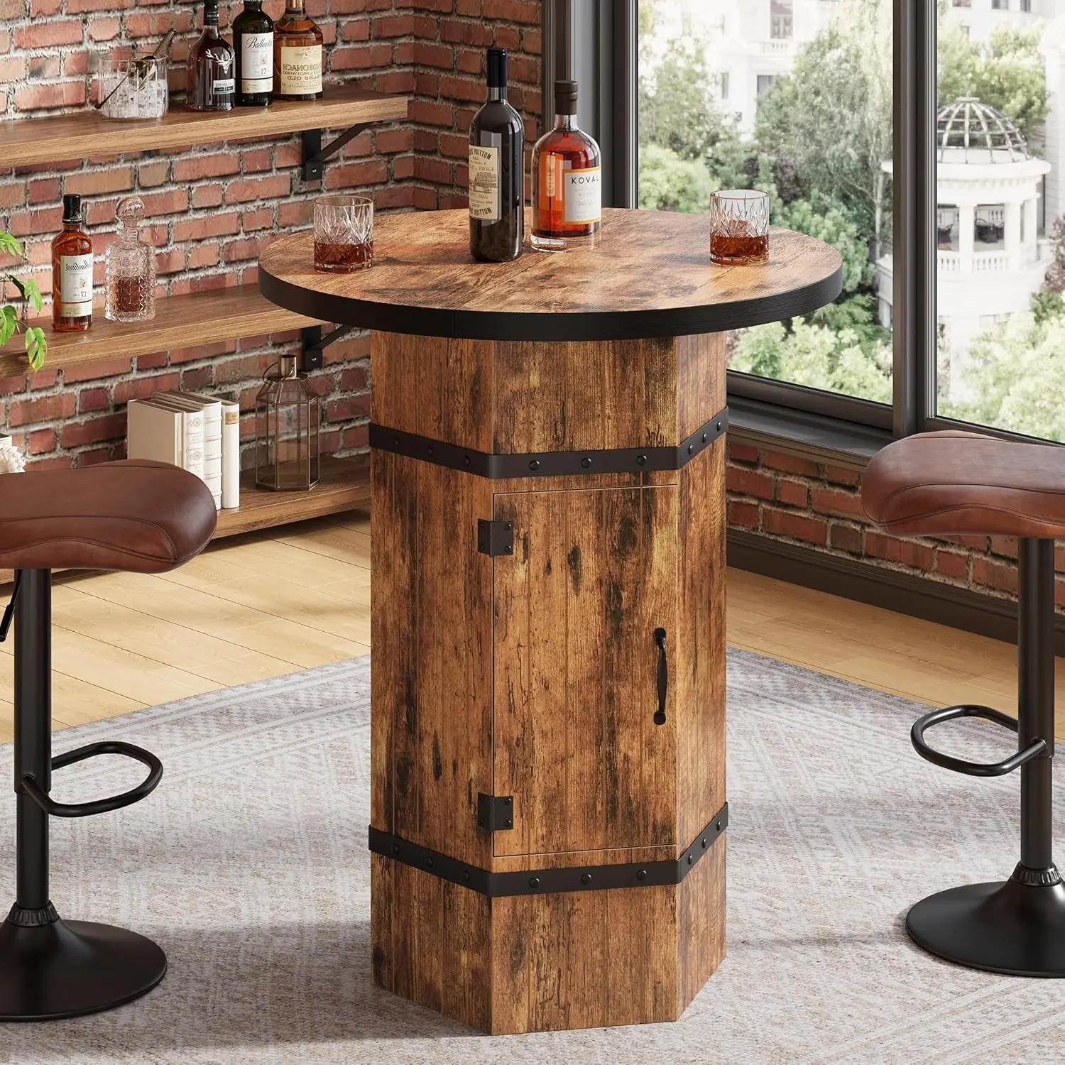 Vividwood Round Bar Height Home Bar Table - 39.4"h, Hidden Bottle Stash, Barrel-Inspired Pedestal, Decorative Rivet Trim, 250 lb Capacity, Easy Setup, Rustic Industrial Cocktail Station (Table Only)