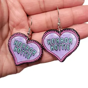 Horror Hottie Heart Earrings - Pink & Purple Design with Unique Text - Perfect for Halloween or Gothic Fashion