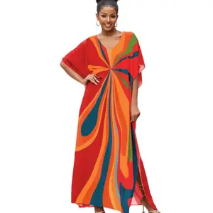 Plus Size Mumu Dresses for Women - Boho Batwing Sleeve Caftan with Side Slits, Long Moo Moo Nightgown & Beach Cover Up - Color Geometry 15