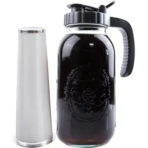 Cold Brew Coffee Maker Pitcher 2 Quart Glass Mason Jar With Spout Lid Filter Half Gallon Wide Mouth Iced  Brewing Jug Heavy Duty Handle Airtight & Leak-Proof Pitcher For Fridge Sun  64 OZ