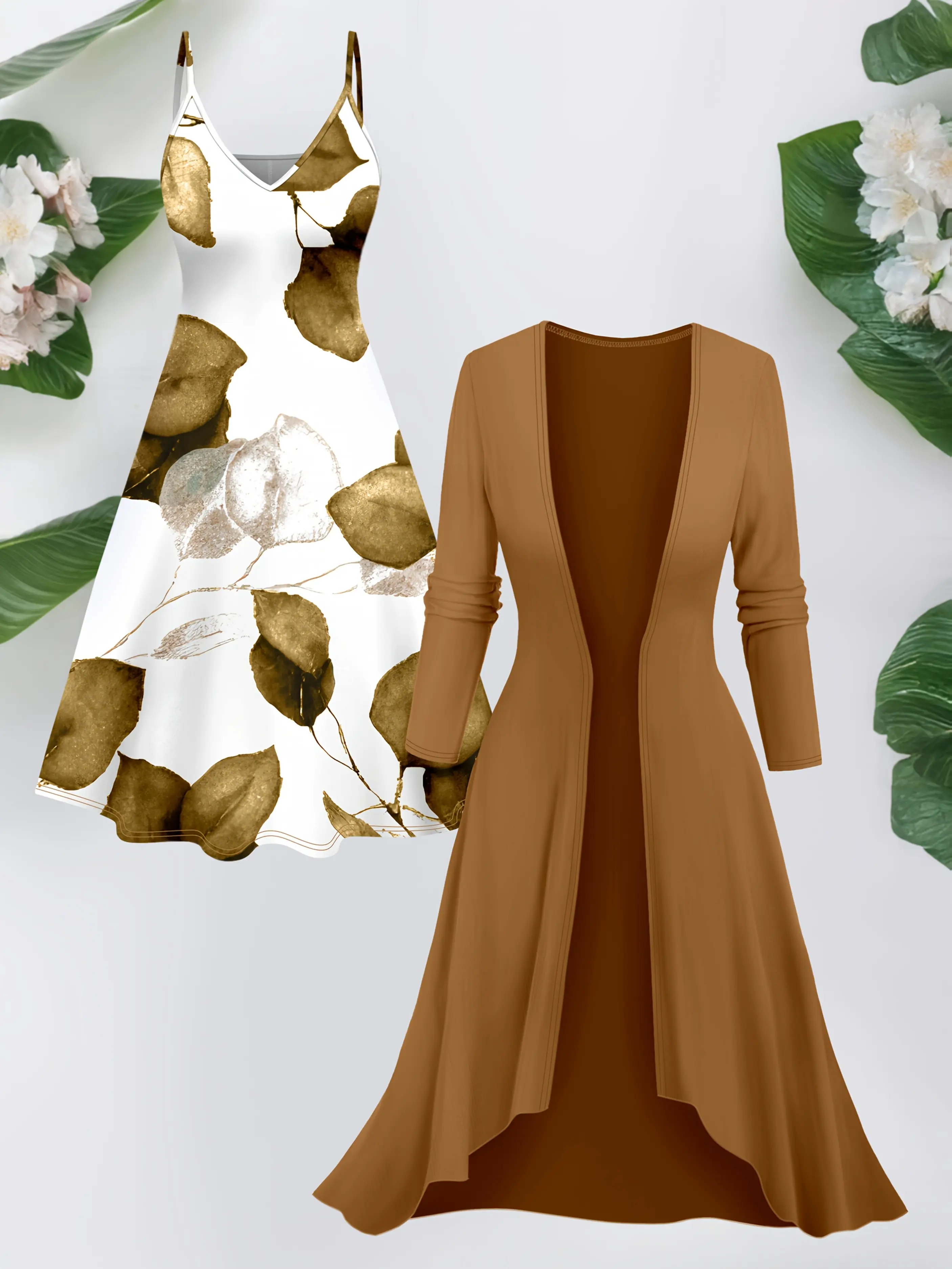 Women’s 2-Piece Outfit: Irregular Long Brown Duster Cardigan & Golden Leaf Print V-Neck Camisole Midi Dress Set