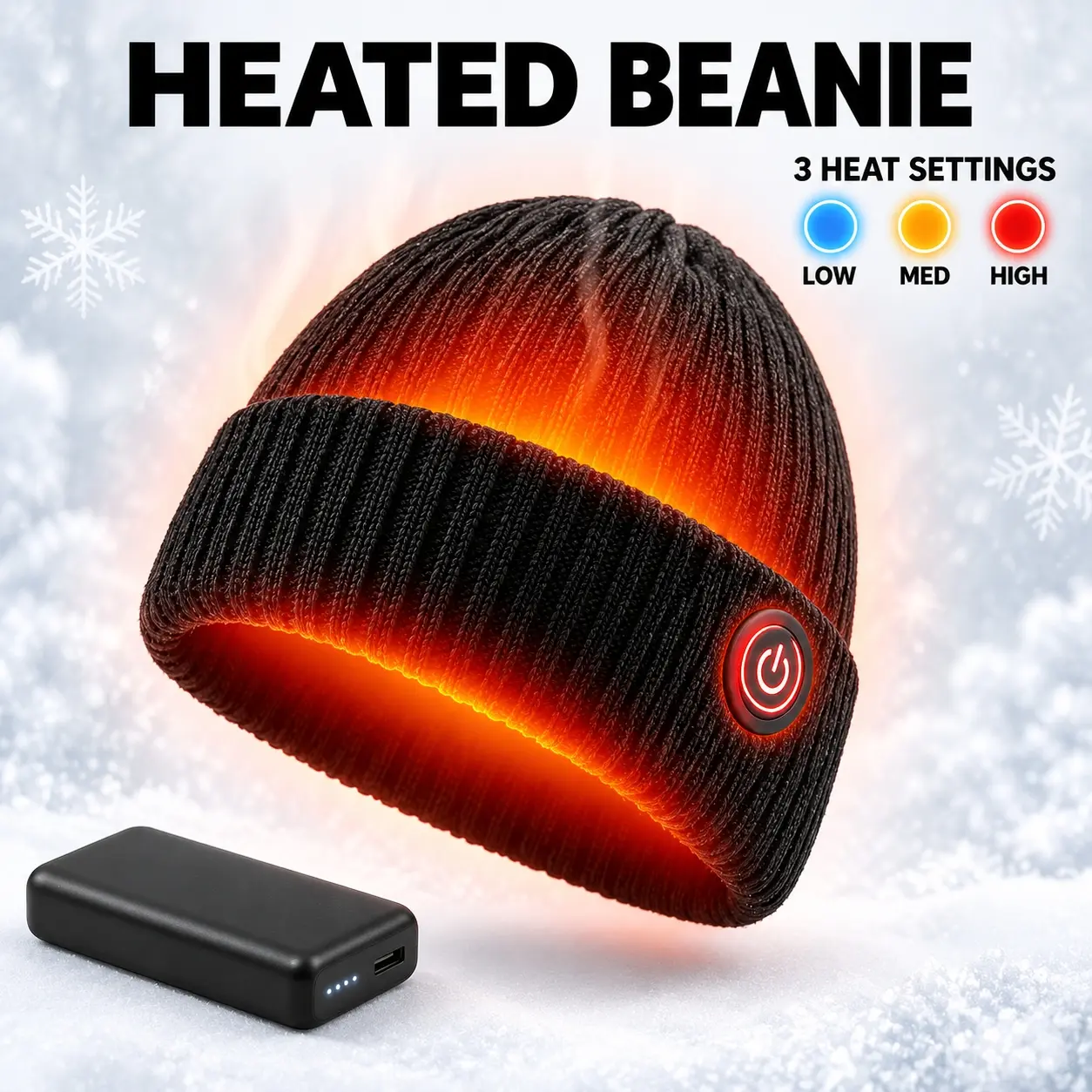 Rechargeable Heated Knit Beanie Hat - 3 Heat Settings, Power Button, Warm Thermal Hats for Women, Men, Sports & Outdoor Cold Weather Activities