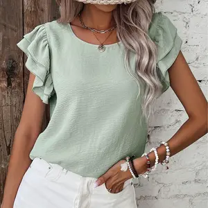 Women's Two-Tone Clearly Aqua & Mist Blue Solid Color Ruffled Short Sleeve Casual Top T-shirt
