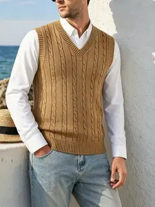 Men's Sleeveless Knitted Vest, Solid Color V-Neck Slim-Fit Waistcoat, Summer Outfit, Retro, Classic and Sophisticated, Versatile and Stylish for Layering, Suitable for Business Casual, Office, Gatherings and Other Occasions, Men's Clothing