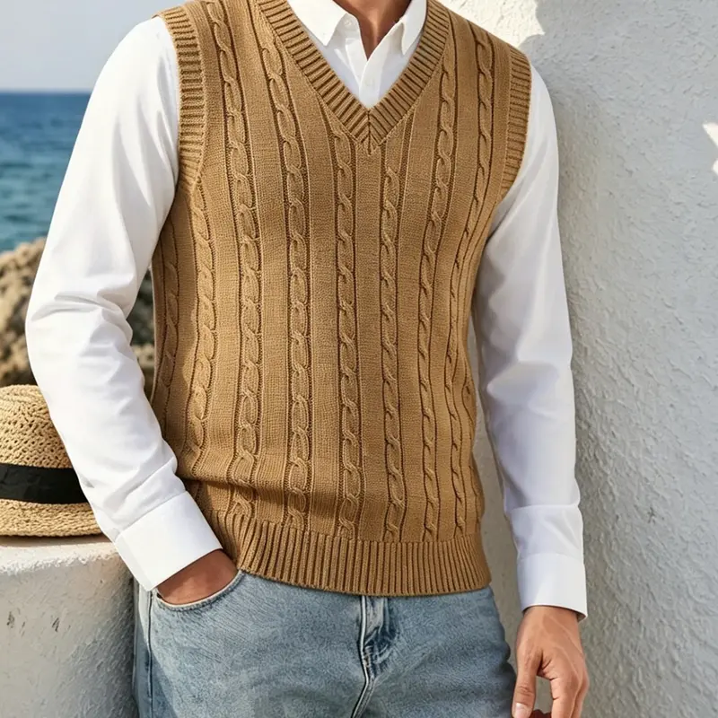 Men's Sleeveless Knitted Vest, Solid Color V-Neck Slim-Fit Waistcoat, Summer Outfit, Retro, Classic and Sophisticated, Versatile and Stylish for Layering, Suitable for Business Casual, Office, Gatherings and Other Occasions, Men's Clothing
