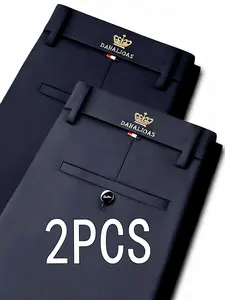 Men's Business Casual Anti-Wrinkle Mid Waist Elastic Pants, Polyester Blend, All Seasons