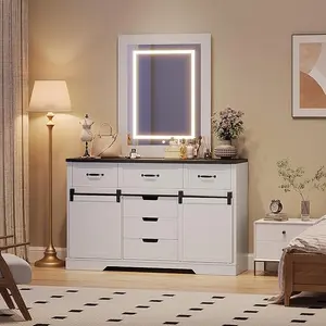 6 Drawers Dresser with Mirror for Bedroom Makeup Vanity with Light Mirror, Farmhouse Modern Dressers Chest of Drawers with Sliding Barn Doors for Bedroom, Living Room