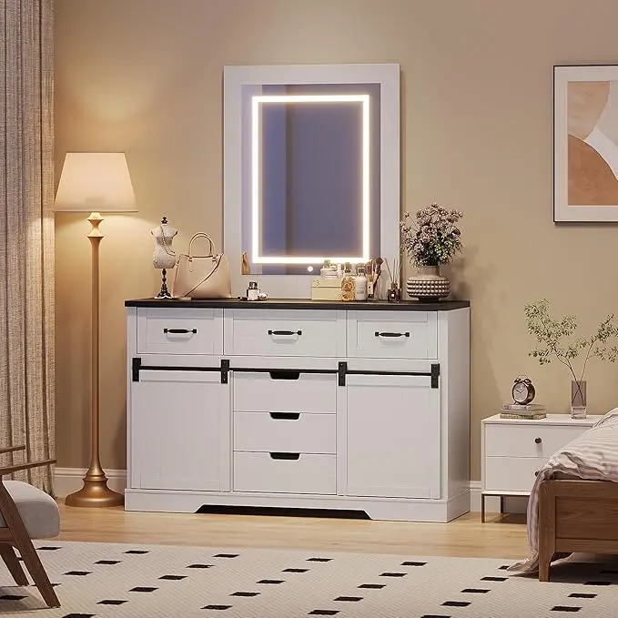 6 Drawers Dresser with Mirror for Bedroom Makeup Vanity with Light Mirror, Farmhouse Modern Dressers Chest of Drawers with Sliding Barn Doors for Bedroom, Living Room
