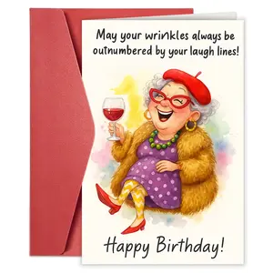 1pc Funny Birthday Card for Grandma or Older Women Wishing Laughter and Joy Over Wrinkles Perfect for Family Friends Gift and Birthday Celebrations Envelope + Card