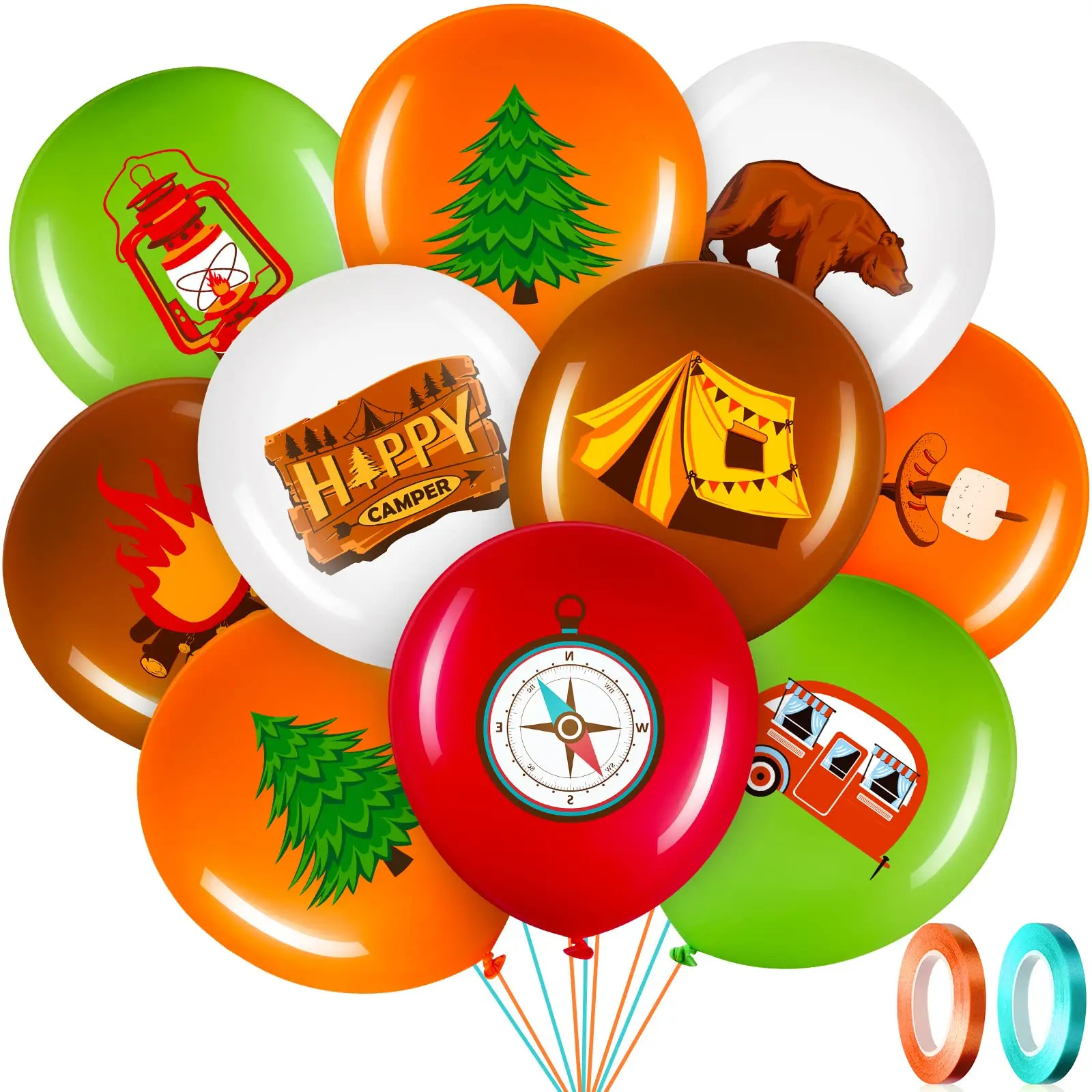 45 Pcs Camper Balloons, Colorful Camping Party Decorations with Green & Brown Ribbon, 12 Inch