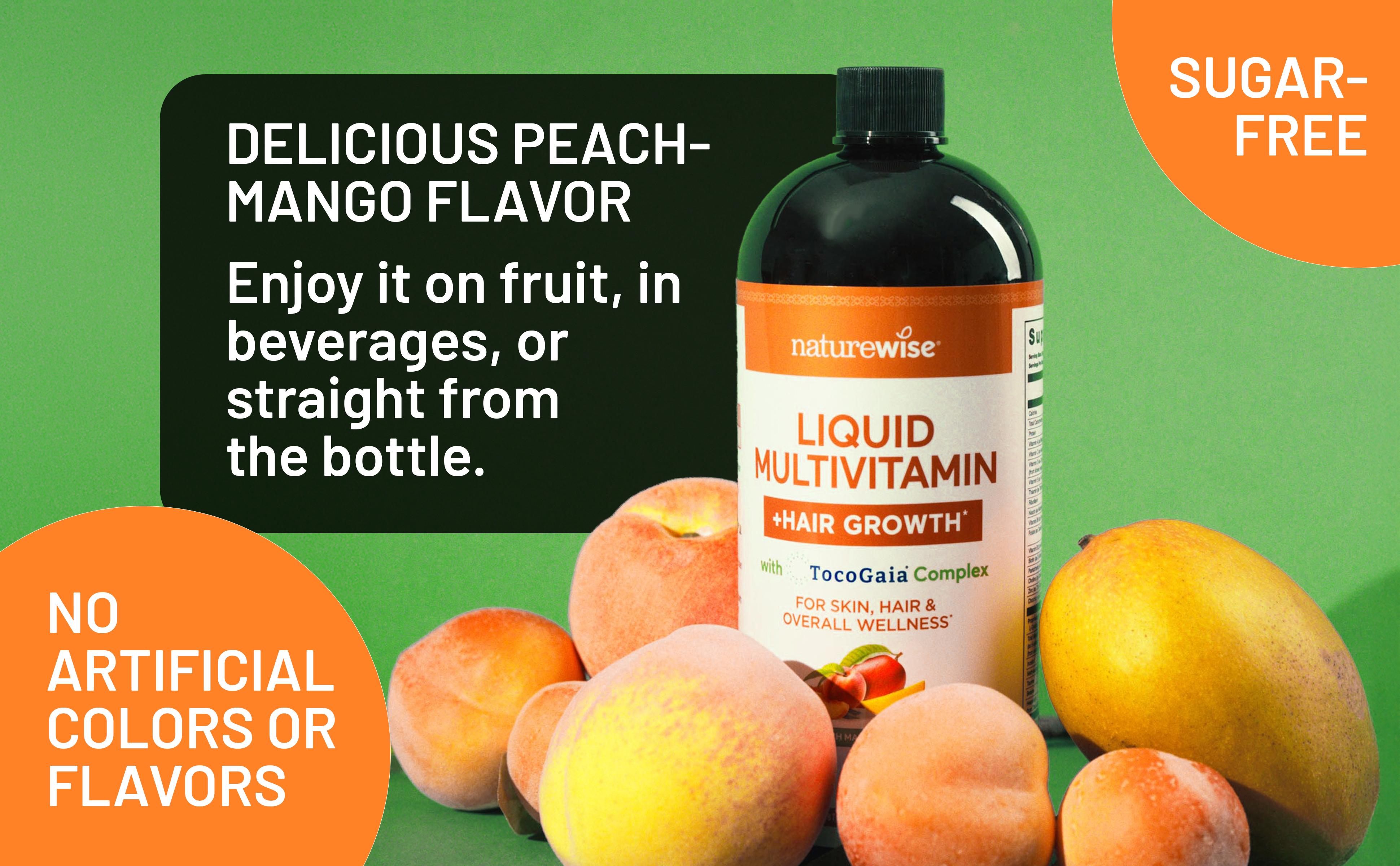 NatureWise Liquid Multivitamin Hair Growth for Women & Men + Tocogaia for Hair Growth & Skin Elasticity + Biotin, Vitamin D, E, B - Sugar Free Multivitamin - Peach Mango Flavor - Non-GMO - USA Manufactured