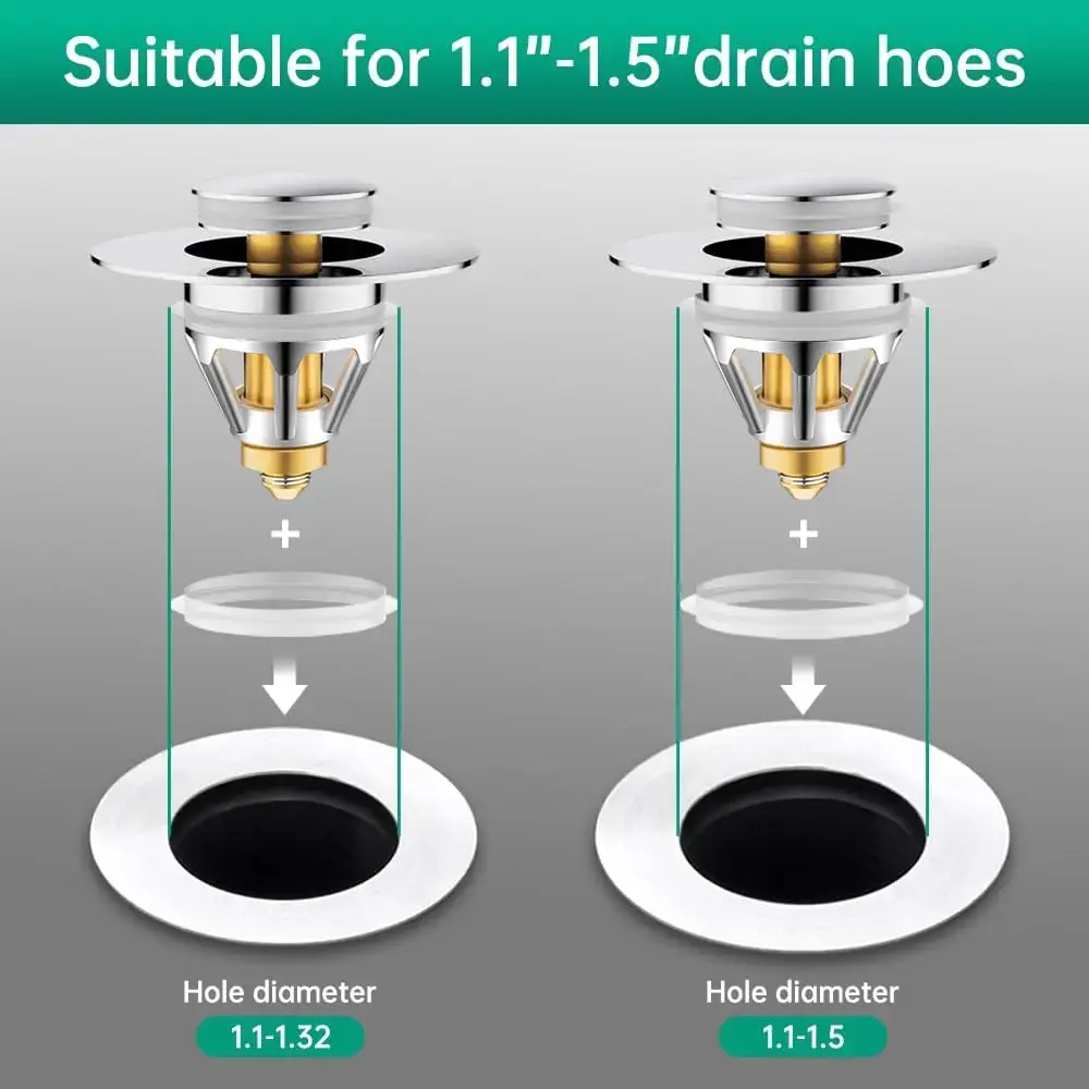 2PCS Stainless Steel Rustproof Mesh Drain Stoppers - Brass Bathroom Tools with Chrome Cover, Rubber Hair Catcher Filter, Modern Bathtub & Sink Drain Protectors for 1.1-1.5" Holes, Easy Installation
