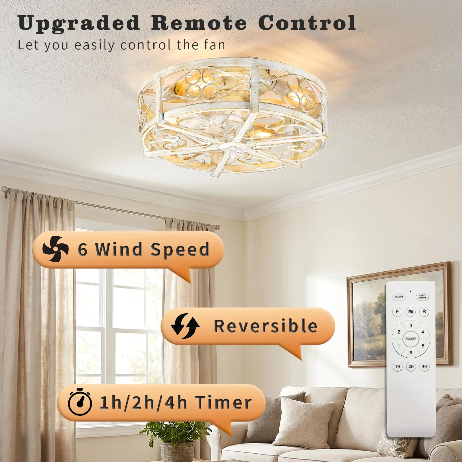 20" Victorian Caged Fandelier, Low Profile Ceiling Fan with Light & Remote, 6-Speed Quiet Reversible Motor, White (Bulbs Not Included)