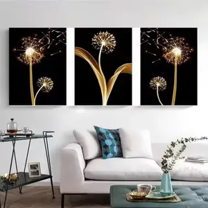 3 Pieces/set of Optional Wooden Frame, Abstract Golden Dandelion Luxury Wall Art Modern Abstract Design Modern Cool Design Modern Floral Paintings Canvas Painting, Living Room Painting Decor, Unframed Poster Gifts Home Art Decoration
