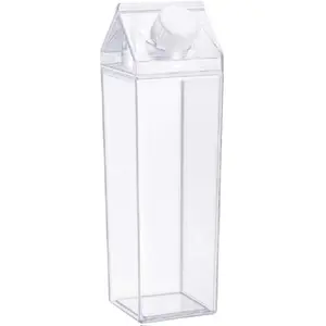 Milk Carton Water Bottle 17oz (500mL) Plastic Clear Square Milk Bottles No BPA Leakproof Water Bottle Portable Reusable Milk Carton Shaped Juice Bottle Perfect for Fitness Gym Camping Sports