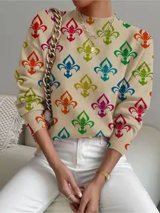 Women's Geometric Colorblock Butterfly Print Stand Collar Sweater, Fall Winter Casual Long Sleeve Knit Top, Comfortable Warm Clothing