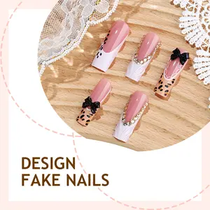 Handmade Press On Nails Long Coffin Leopard Print 3D Black Bow Gold Chain White French Tip Design Y2K Coquette Reusable Fake Nails Acrylic False Nail Set Full Cover Stick On Nails Trendy Nail Art Gift for Women