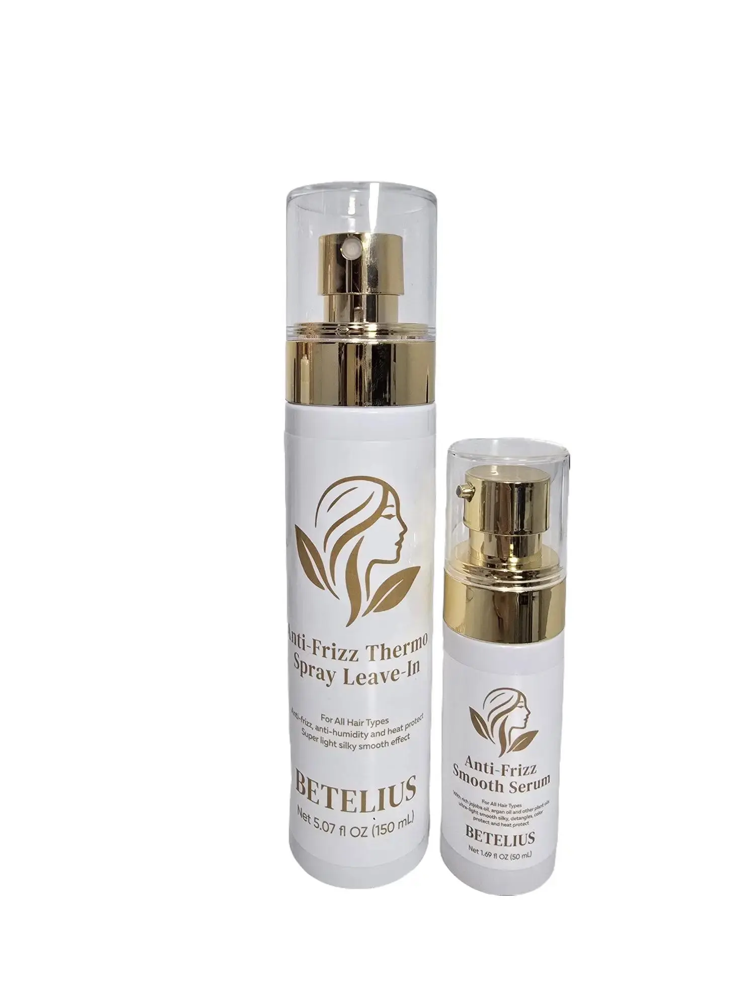 BETELIUS Anti-Frizz Haircare Duo - 150ml Thermo Spray Leave-In, 50ml Smooth Serum for All Hair Types, Lightweight Conditioning Heat Protectant, Frizz Control, Glossy Finish, Glossy Hair