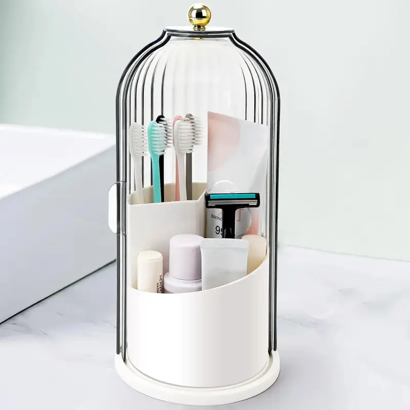 Multi-Functional Storage Bucket，Rotating Dustproof Toothbrush Holder | 3-Slot Transparent Makeup Brush Organizer for Bathroom Vanity Home Goods Organizing