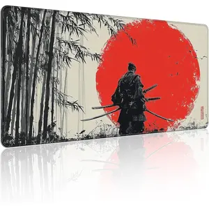 Large Gaming  Pad 31.5x15.7 Inch, XXL Mousepad with Non-Slip Rubber Base & Stitched Edges, Extended Desk Mat for /Laptop/Office, Samurai Red Sun