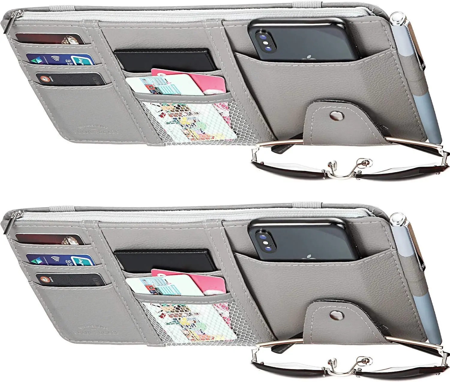2 Packs Car Sun Visor Organizer, Sunglasses Holders for Car Sun Visor PU Auto Interior Accessories Storage Travel Document Holder with Multi Pocket