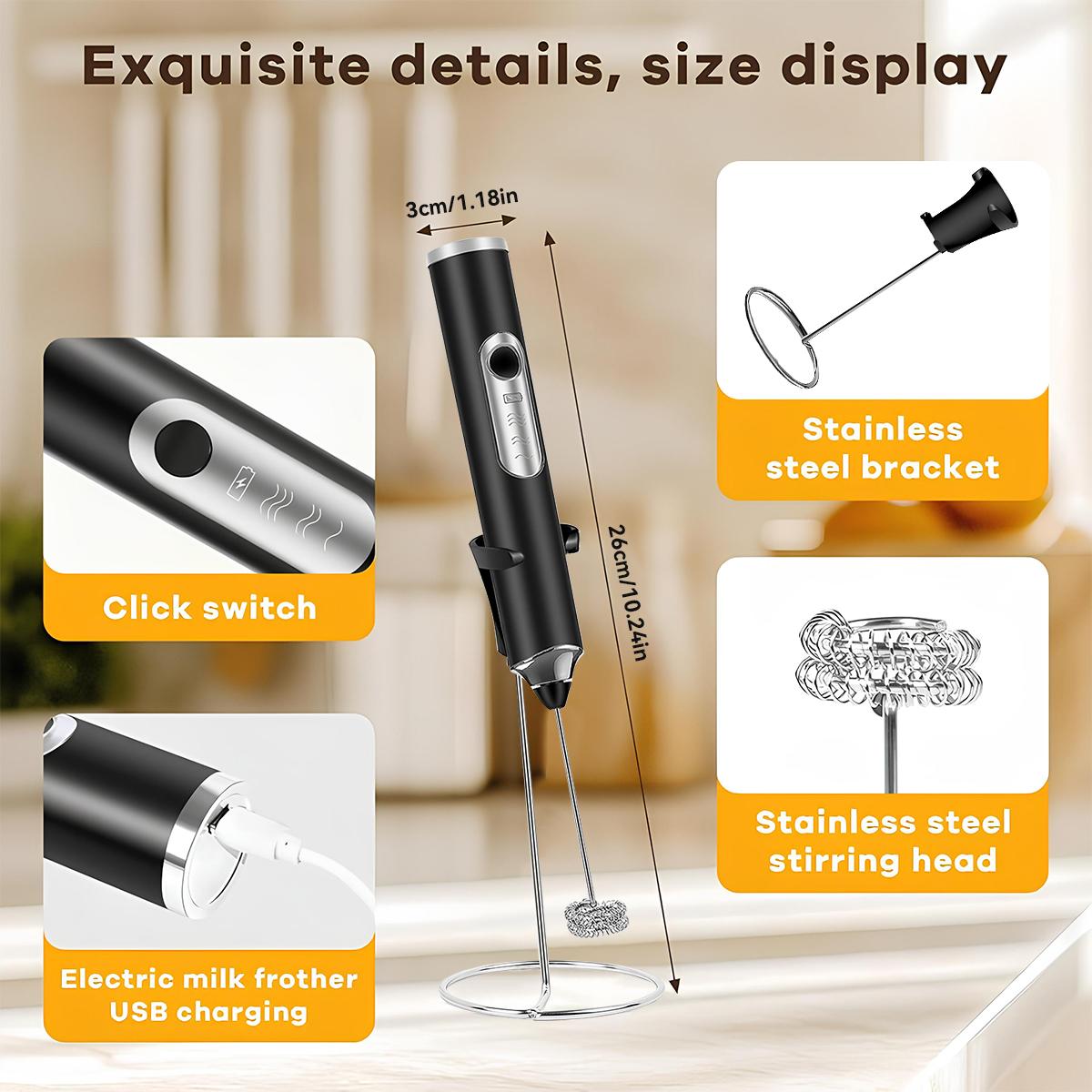 Electric Rechargeable Milk Frother, Handheld Coffee Frother with 3 Detachable Stainless Steel Whisks, 3-Speed Drink Mixer for Latte, Cappuccino, Matcha, Protein Powder, Hot Chocolate & Eggs