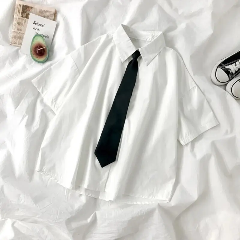 New styleWhite Shirts Fashion Black Tie Japan Style Preppy Students JK Girls Blouse Simple Solid Loose Summer Button Up Tops New
