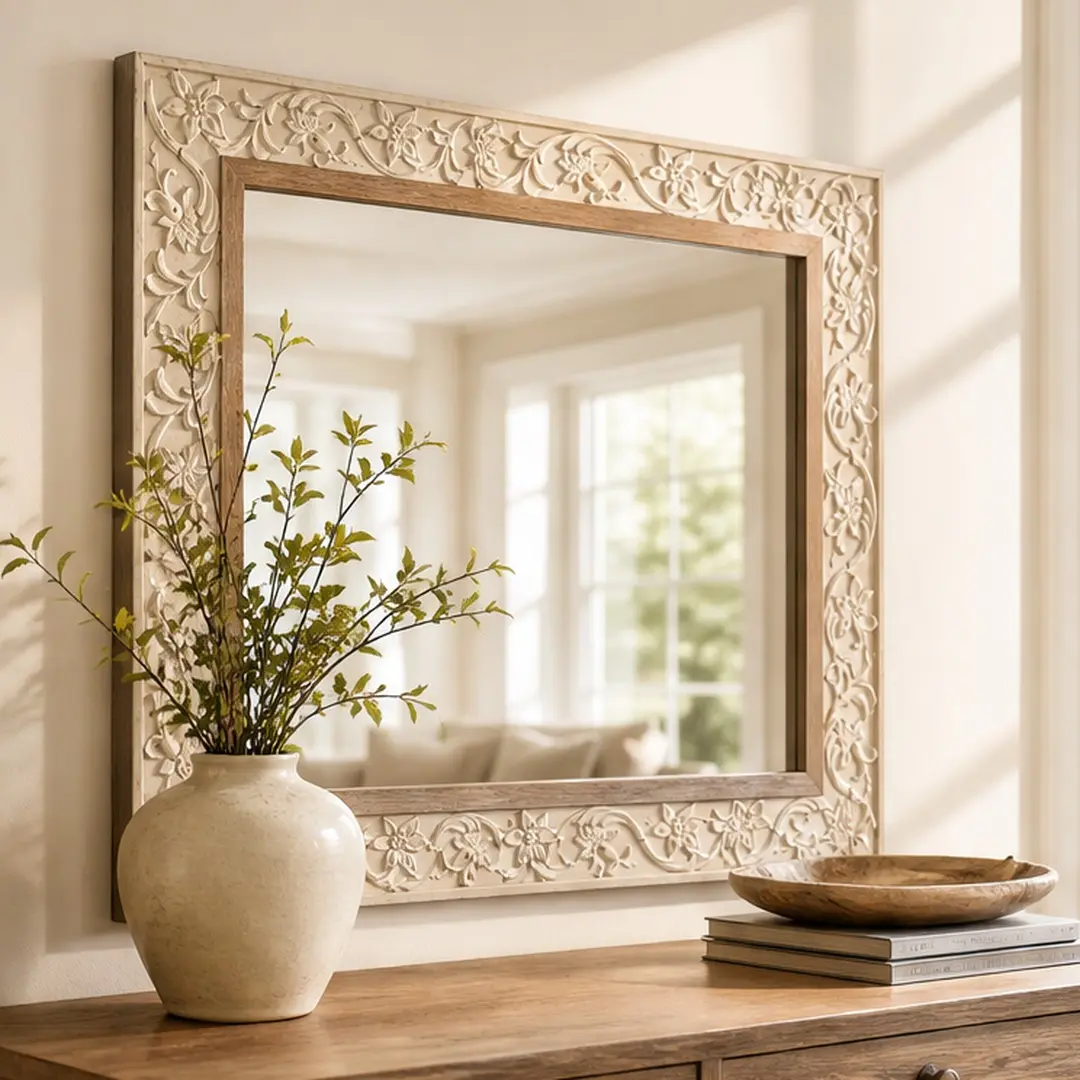 Framed Rectangle Wall-Mounted Mirror - ARCH Vintage Carved Floral-Geometric Pattern, Ornate MDF-Glass Frame, Cream Dark Brown Beige-Yellow Box-Style, Durable Distortion-Free 30x38in House Decor for Living Room/Bathroom, 1.30Wx37.99Dx30.12Hin, 19.40 lb