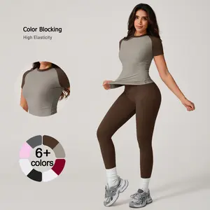 TimeOFF Women's Color Blocking Short Sleeve Compression Workout Top - Round Neck, Slim Fit, High Elasticity Stretchy Fabric, Reduces Movement Restriction & Waist Rolling, Ideal for Pilates, Yoga, Gym Athletic Clothes