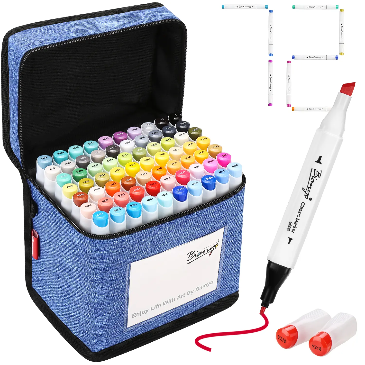 Bianyo 72-Color Non-Toxic Alcohol Marker Set - Bullet & Chisel Dual-Tip Art Markers with Blending Function, 71 Classic Colors+1 Blender+1 Swatch+1 Blue Travel Case, for Painting & Marking Artists (Architectural Design, Advertising Rendering), Landscape