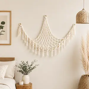Boho Macrame Wall Decor, Multi-Functional Hanging Storage Net for Bedroom, Kids Room & Home Organization Decor Decor