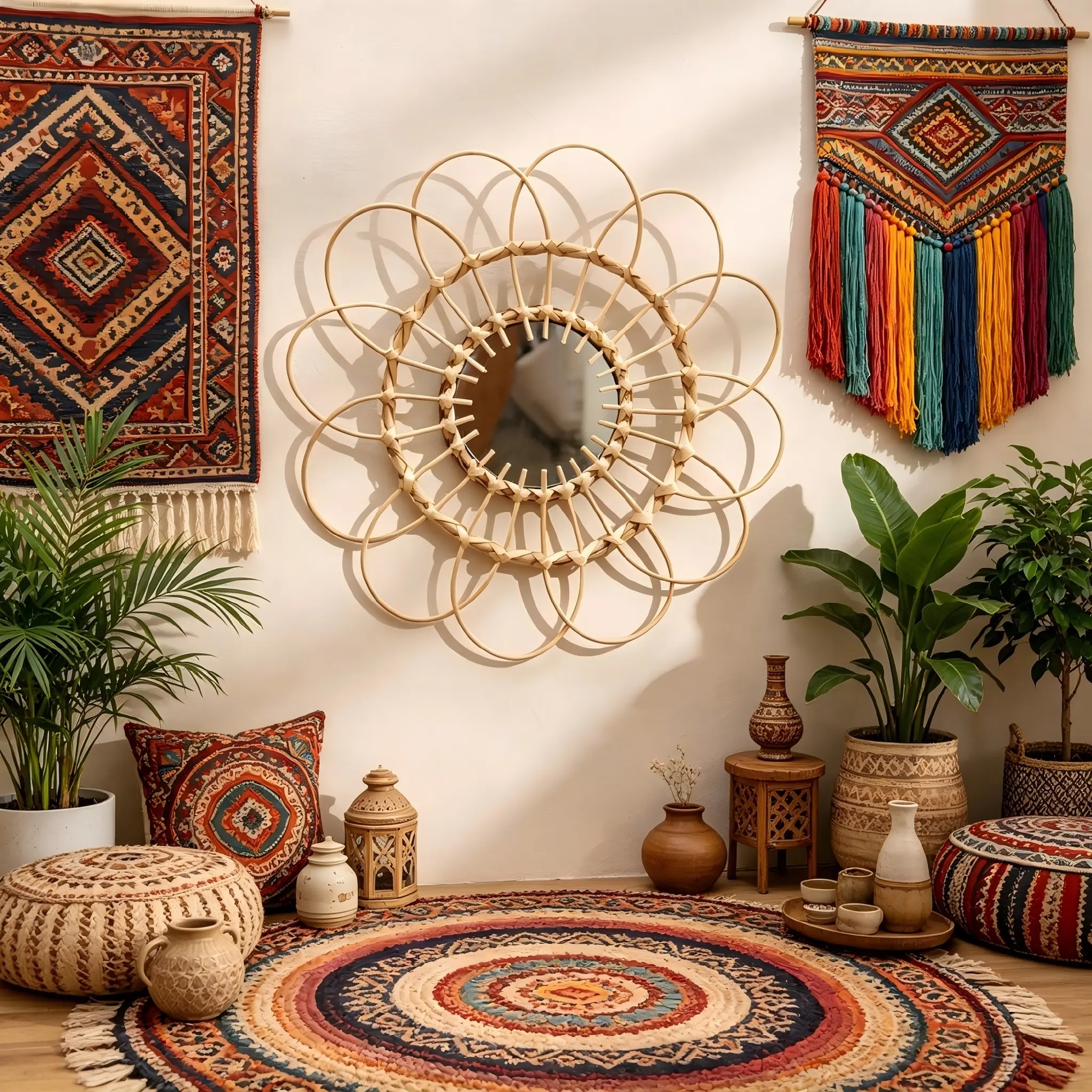 Handmade Bamboo Glass Wall Mirror, Bohemian Bamboo Mirror, Round Hanging Decorative Art Decor, Suitable for Farmhouse Bedroom Living Room Bathroom Gallery Wall, Home Decorative Mirror