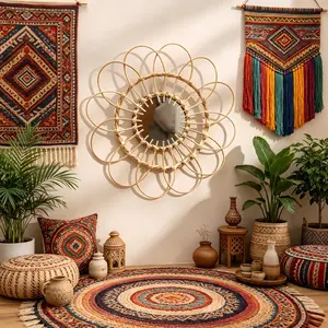 Handmade Bamboo Glass Wall Mirror, Bohemian Bamboo Mirror, Round Hanging Art Decor, Suitable for Farmhouse Bedroom Living Room Bathroom Gallery Wall