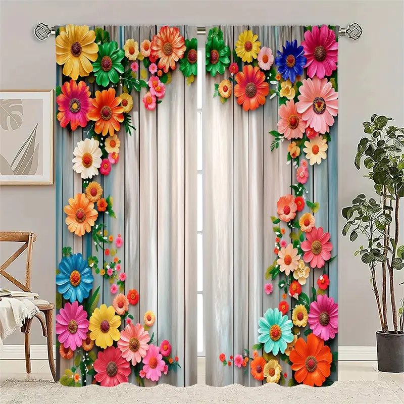 2pcs Colorful Floral Curtains for Living Room & Bedroom, Vibrant Drapes for Bohemian Decor, Casual and Contemporary Style, Home Decoration Curtain, Home Decorative Curtain, Window Curtain