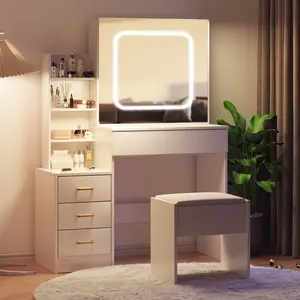 Vanity Desk with Sliding LED Mirror, 4 Drawers, Power Outlet, Storage Shelves, Adjustable 3-Color Lighting, Stool – Modern Makeup Dressing Table for Bedroom – White/Natural/Marble-Black & White