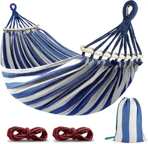 Hammocks Portable Camping Hammock Upgraded 550lb Comfortable Fabric Hammock with Two Anti Roll Balance Beam and Sturdy Metal Knot Tree Straps for Camping, Patio, Backyard, Outdoor(Blue White)