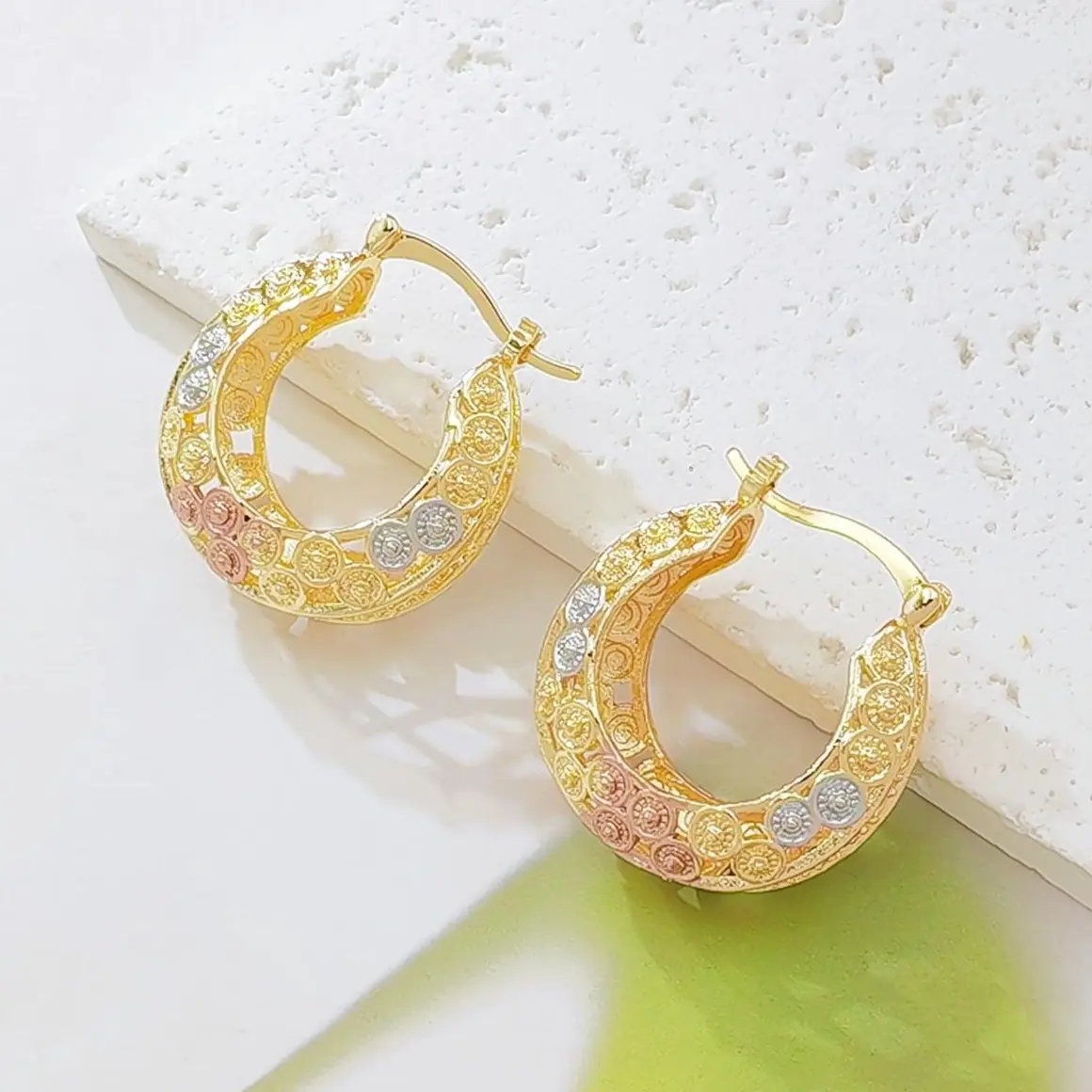 Tri-Color Gold Hoop Earrings for Women, 14K Gold Plated Coin Textured Oval Huggie Earrings, Yellow/Rose/White Gold Three Tone Hoop Earrings, Vintage Bohemian Jewelry Gift for Her