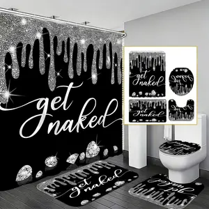 Luxurious Waterproof Removable Shower Curtain Set, Silver Color Glazed Ceramic Toilet Mat & Rug Kit, Sparkling Diamond Decorative Bathroom Decoration Accessories