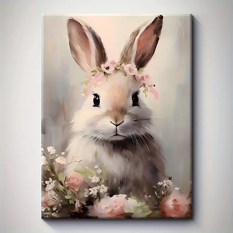 Vintage -Friendly  Bunny with Pink Wreath Happy Easter Poster - Lightweight Minimalist Artistic Canvas Print,  Room Home   Wall  ation