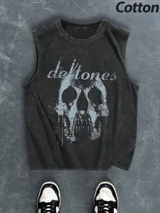 Men's Cotton Comfortable Breathable Sleeveless Vest, Skull Print, Summer Essential, Quick-Dry, Fashion Simple Design, Streetwear Tank Vest, Casual Fitted Tank Top