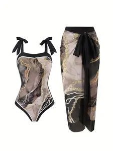 Black Marble Print Tie Shoulder One-Piece Swimsuit with Sheer Sarong Skirt | 3-Piece Beach Swimwear Set