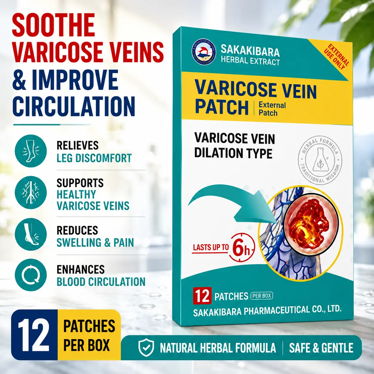（Buy 1 Get 1 Free）Varicose Vein Patch for Legs, Natural Herbal Leg Support Patch for Circulation & Daily Comfort, Cooling Relief Patch for Tired Legs, 12 Patches
