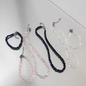 US-FASHION - Shiny Transparent Crystal Irregular Beaded Bracelet for Women Korean Mulit-cut Pink Glass Chain on the Hand Jewelry Girls Gifts